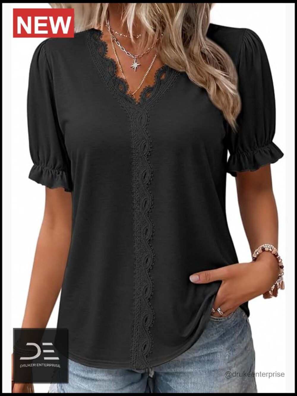 Dressy Casual Lace Ruffle Puff Sleeve V Neck Boho Blouse Tops